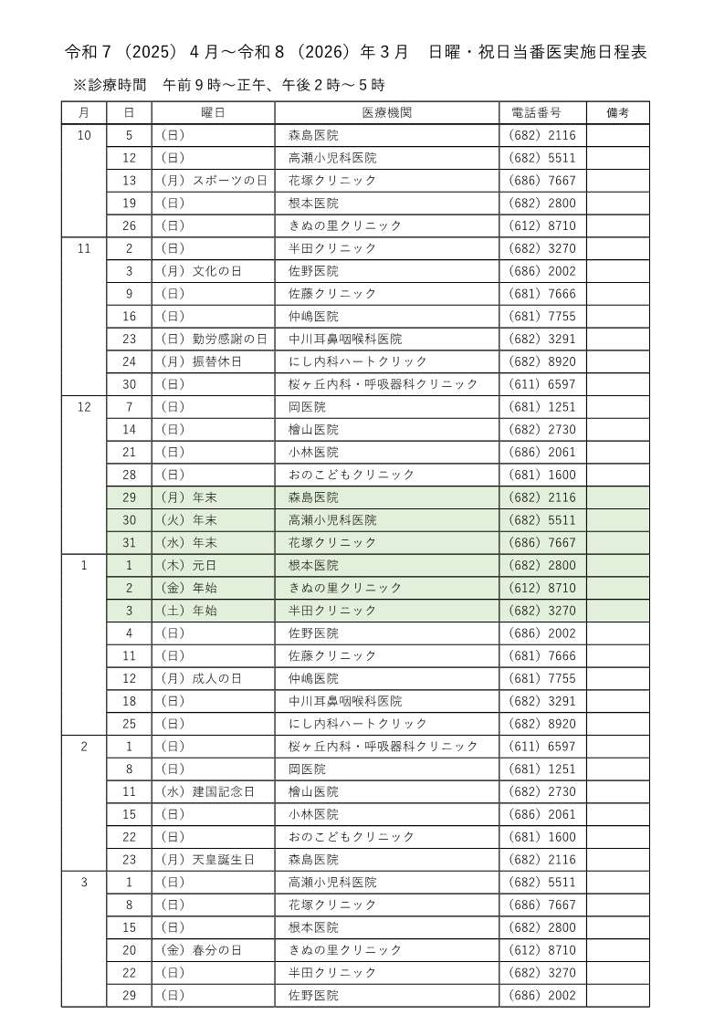 令和7年度日曜・祝日当番医実施日程表(下半期分) 令和7年度日曜・祝日当番医実施日程表(下半期分)